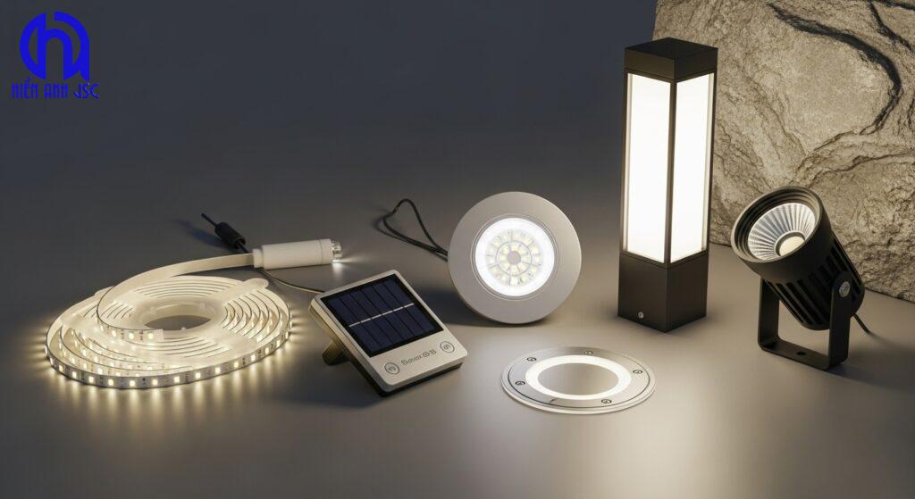 Các loại đèn LED trang trí ngoài trời phổ biến: đèn dây, đèn năng lượng mặt trời, đèn âm đất, đèn trụ, đèn pha rọi