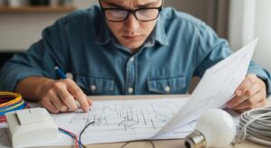 Người đàn ông lo lắng nhìn sơ đồ điện trước khi tự đấu công tắc và bóng đèn, thể hiện nỗi sợ thường gặp khi tự sửa điện