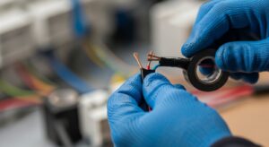 Người thợ điện đang nối dây điện với băng keo cách điện, minh họa các bước đấu nối an toàn.