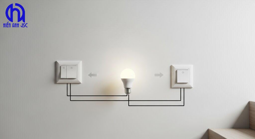 Sơ đồ nguyên lý hoạt động của hai công tắc 3 chân điều khiển một bóng đèn cầu thang