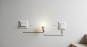 Sơ đồ nguyên lý hoạt động của hai công tắc 3 chân điều khiển một bóng đèn cầu thang