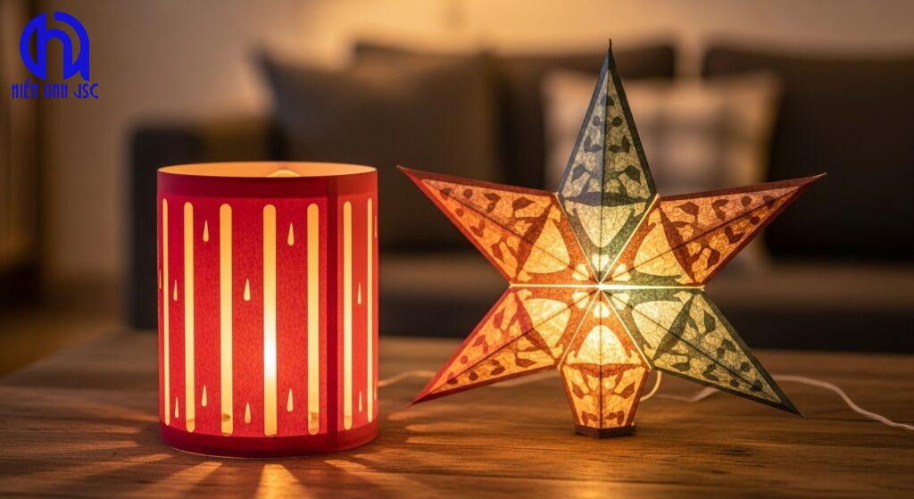 Lồng đèn giấy hình trụ và ngôi sao phát sáng.