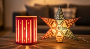 Lồng đèn giấy hình trụ và ngôi sao phát sáng.