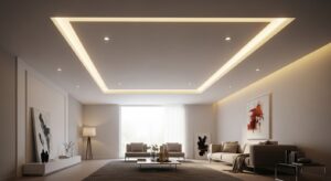 Phòng khách hiện đại với đèn LED âm trần thạch cao tích hợp, tạo không gian sang trọng và liền mạch.