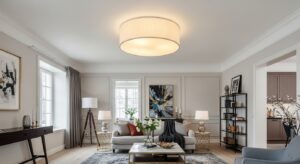 Đèn trần phù hợp với kích thước phòng khách, tạo không gian cân đối và hài hòa