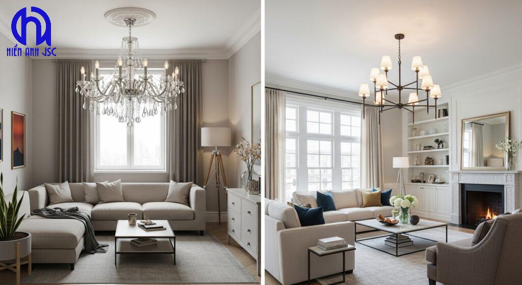 Hai hình ảnh đối lập về đèn trần: một đèn quá lớn cho trần thấp gây chật chội và một đèn phù hợp cho trần cao tạo không gian thoáng đãng.