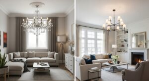 Hai hình ảnh đối lập về đèn trần: một đèn quá lớn cho trần thấp gây chật chội và một đèn phù hợp cho trần cao tạo không gian thoáng đãng.