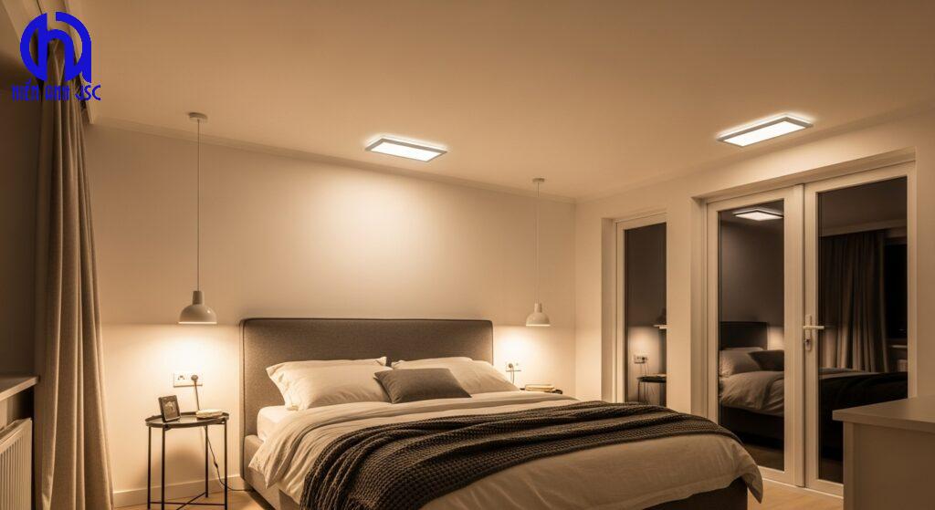 Hướng dẫn chọn đèn trần phòng ngủ hiện đại theo diện tích chiều cao 10 Phòng ngủ hiện đại với trần thấp sử dụng đèn ốp trần LED siêu mỏng, tối ưu không gian.
