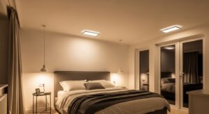 Phòng ngủ hiện đại với trần thấp sử dụng đèn ốp trần LED siêu mỏng, tối ưu không gian.