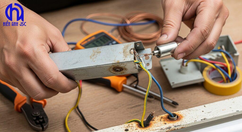 Khi lắp mạch điện đèn ống huỳnh quang cần làm gì để an toàn? 12 Thợ điện đang tháo chấn lưu sắt từ và tắc te khỏi máng đèn huỳnh quang cũ để chuẩn bị nâng cấp LED.