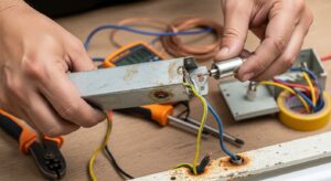 Thợ điện đang tháo chấn lưu sắt từ và tắc te khỏi máng đèn huỳnh quang cũ để chuẩn bị nâng cấp LED.