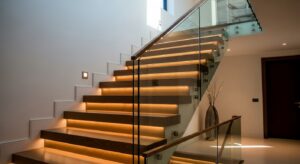 Cầu thang hiện đại với hệ thống đèn chiếu sáng đẹp mắt và an toàn.