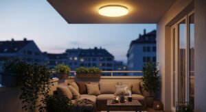 Đèn ốp trần ban công biến không gian thành góc thư giãn ấm cúng.