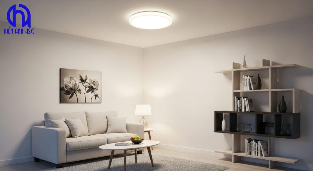 Hướng dẫn chọn mẫu đèn ốp trần phòng khách cho từng loại nhà 13 Phòng khách chung cư hiện đại với đèn ốp trần tràn viền