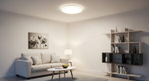 Phòng khách chung cư hiện đại với đèn ốp trần tràn viền