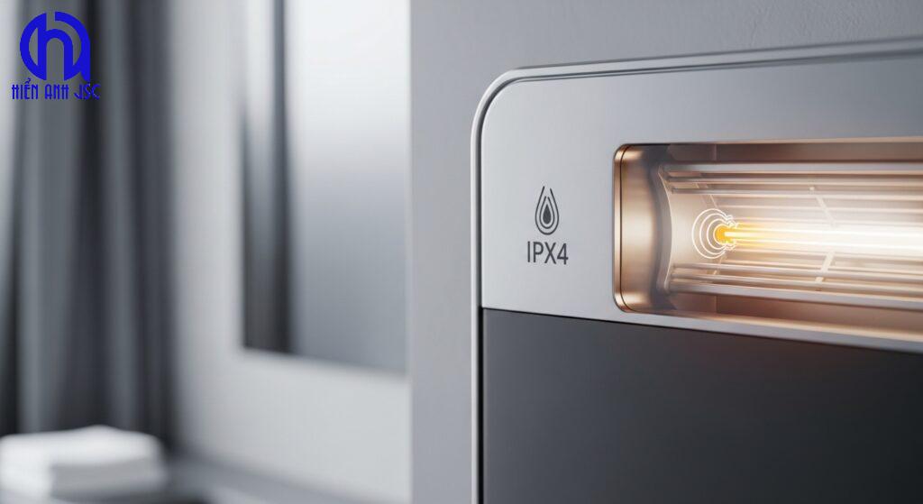 Biểu tượng an toàn chống nước (IPX4) và tự ngắt quá nhiệt trên nền phòng tắm hiện đại, minh họa các tính năng bảo vệ.