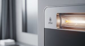 Biểu tượng an toàn chống nước (IPX4) và tự ngắt quá nhiệt trên nền phòng tắm hiện đại, minh họa các tính năng bảo vệ.