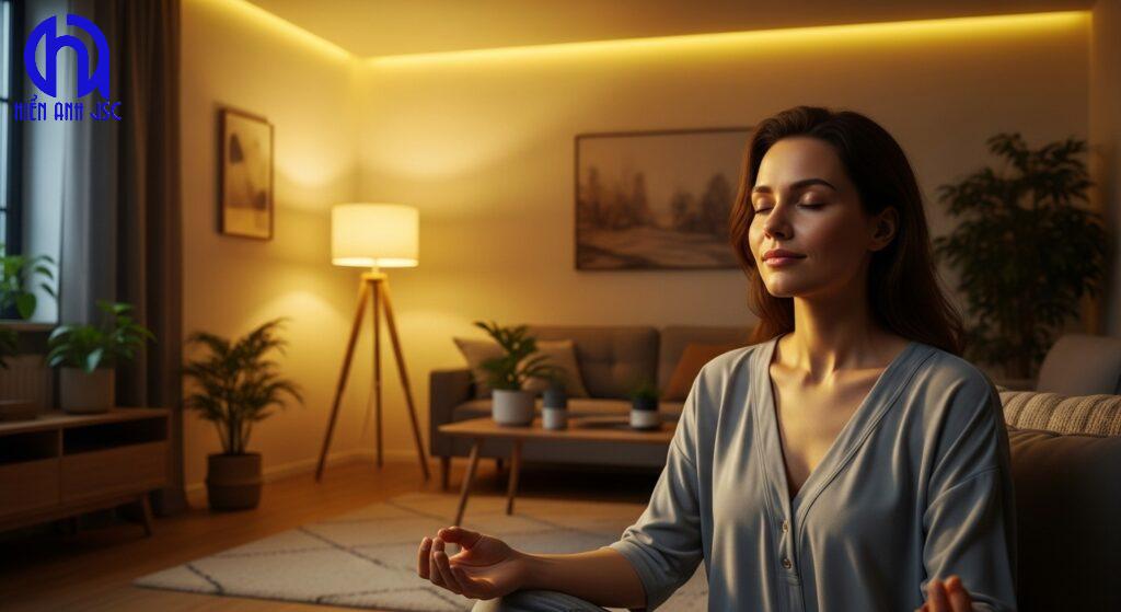 Người phụ nữ thư giãn trong phòng khách với ánh sáng vàng ấm áp, giảm căng thẳng