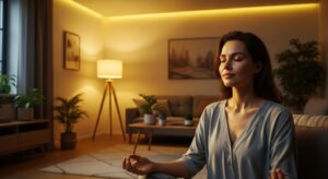 Người phụ nữ thư giãn trong phòng khách với ánh sáng vàng ấm áp, giảm căng thẳng