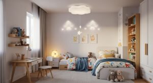 Phòng trẻ em với ánh sáng an toàn, dịu nhẹ và thiết kế thân thiện.