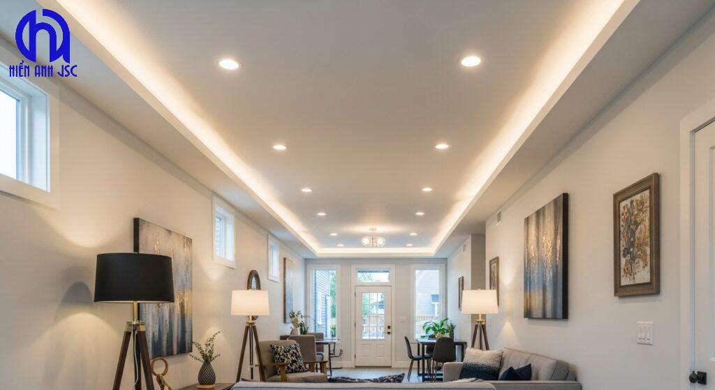 Cách Bố Trí Đèn Trong Nhà Ống Hẹp: Giải Pháp Mở Rộng Không Gian 13 Nội thất nhà ống hiện đại với hệ thống đèn chiếu sáng thông minh, tạo không gian rộng rãi, thoáng đãng.