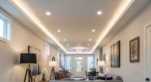 Nội thất nhà ống hiện đại với hệ thống đèn chiếu sáng thông minh, tạo không gian rộng rãi, thoáng đãng.