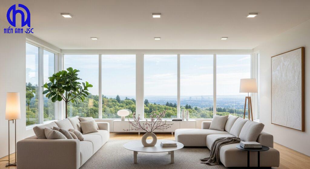 Phòng khách hiện đại ngập tràn ánh sáng tự nhiên và nhân tạo, tạo cảm giác rộng rãi, thoáng đãng.