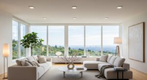 Phòng khách hiện đại ngập tràn ánh sáng tự nhiên và nhân tạo, tạo cảm giác rộng rãi, thoáng đãng.