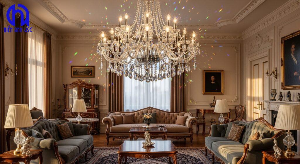 Đèn chùm pha lê sáng bóng rực rỡ sau khi được vệ sinh, phản chiếu ánh sáng lấp lánh trong một phòng khách sang trọng.