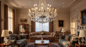 Đèn chùm pha lê sáng bóng rực rỡ sau khi được vệ sinh, phản chiếu ánh sáng lấp lánh trong một phòng khách sang trọng.