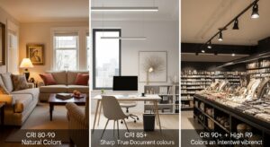 Minh họa các không gian khác nhau (phòng khách, văn phòng, cửa hàng) với loại ánh sáng và chỉ số CRI phù hợp cho từng mục đích.