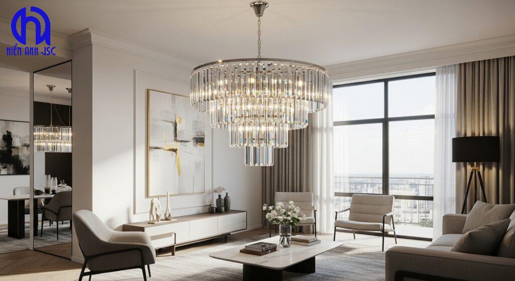 Đèn chùm pha lê sang trọng trong phòng khách chung cư hiện đại, nâng tầm không gian sống.