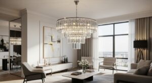 Đèn chùm pha lê sang trọng trong phòng khách chung cư hiện đại, nâng tầm không gian sống.