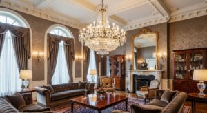 Đèn chùm phòng khách cao cấp lấp lánh trong không gian sang trọng.