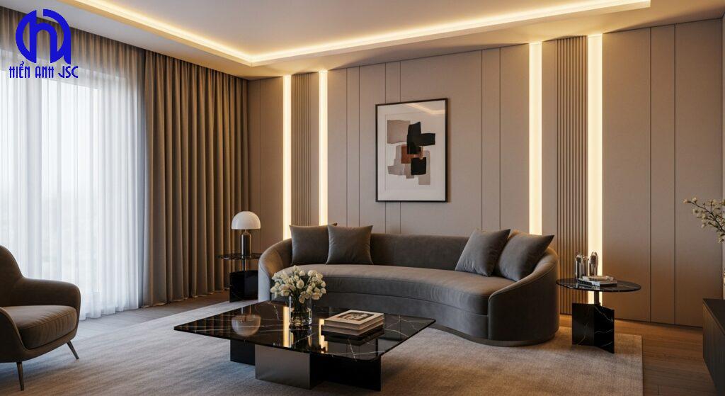 9 sai lầm khi chọn đèn led trang trí phòng khách và cách khắc phục 46 Phòng khách sang trọng với hệ thống đèn LED trang trí hiện đại và ánh sáng ấm áp