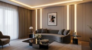 Phòng khách sang trọng với hệ thống đèn LED trang trí hiện đại và ánh sáng ấm áp