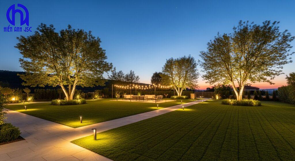 Đèn led trang trí sân vườn: Hướng dẫn tự thiết kế 44 Hình ảnh sân vườn biệt thự được chiếu sáng chuyên nghiệp với đèn LED ấm áp vào buổi tối, tạo không gian sang trọng và thư giãn.