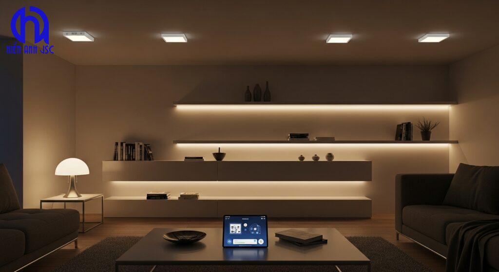 Hình ảnh một ngôi nhà hiện đại với nhiều đèn thông minh chiếu sáng rực rỡ, thể hiện sự tiện nghi của hệ thống nhà thông minh.