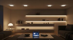 Hình ảnh một ngôi nhà hiện đại với nhiều đèn thông minh chiếu sáng rực rỡ, thể hiện sự tiện nghi của hệ thống nhà thông minh.