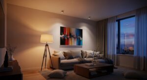 Phòng khách hiện đại với hệ thống chiếu sáng đa lớp, tạo không gian ấm cúng và lung linh