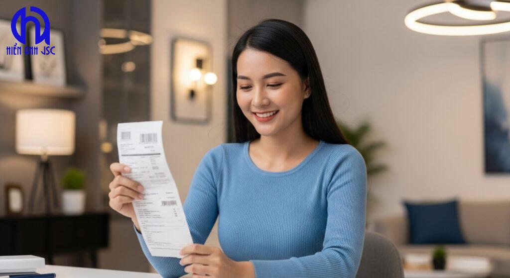 Người phụ nữ mỉm cười vui vẻ khi nhìn hóa đơn tiền điện thấp hơn, minh họa việc tiết kiệm chi phí.