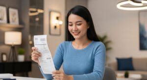 Người phụ nữ mỉm cười vui vẻ khi nhìn hóa đơn tiền điện thấp hơn, minh họa việc tiết kiệm chi phí.