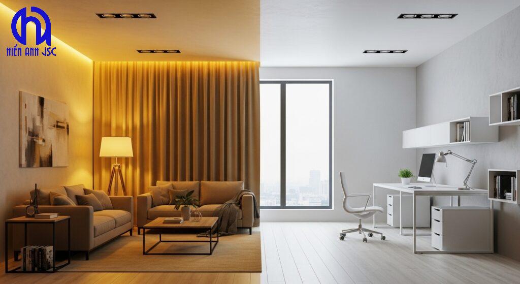 Nên chọn ánh sáng vàng hay trắng để tránh hại mặt 5 So sánh ánh sáng vàng ấm và ánh sáng trắng hiện đại trong không gian sống.