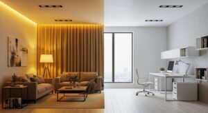 So sánh ánh sáng vàng ấm và ánh sáng trắng hiện đại trong không gian sống.