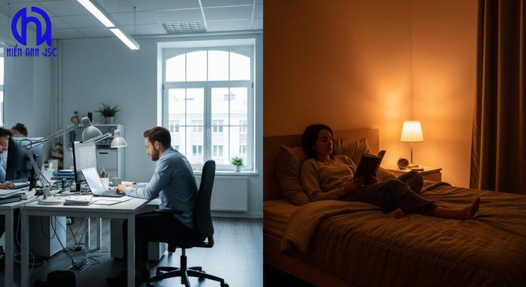 Nhiệt độ Màu Là Gì? Hướng Dẫn Chọn Ánh Sáng Tối Ưu 11 Sự thay đổi ánh sáng theo nhịp sinh học: người tỉnh táo dưới ánh sáng trắng lạnh vào ban ngày và người thư giãn dưới ánh sáng vàng ấm vào buổi tối.