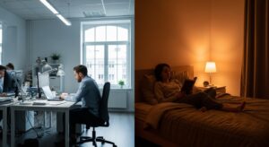 Sự thay đổi ánh sáng theo nhịp sinh học: người tỉnh táo dưới ánh sáng trắng lạnh vào ban ngày và người thư giãn dưới ánh sáng vàng ấm vào buổi tối.
