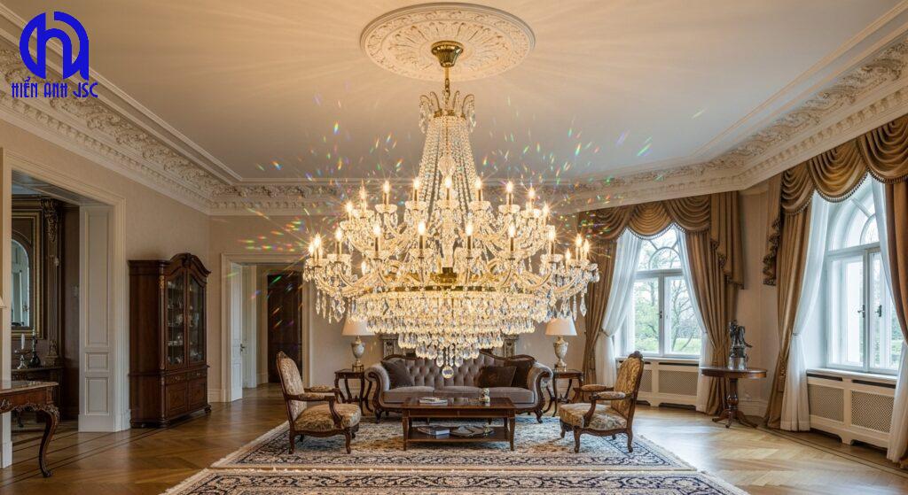 So sánh đèn chùm pha lê với đèn chùm thủy tinh - Loại nào tốt 7 Đèn chùm pha lê lộng lẫy, sang trọng trong không gian phòng khách cổ điển