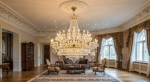 Đèn chùm pha lê lộng lẫy, sang trọng trong không gian phòng khách cổ điển