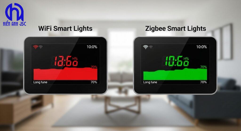 So sánh đèn thông minh Wifi và Zigbee loại nào phù hợp? 21 Biểu đồ minh họa tiết kiệm năng lượng đáng kể của đèn thông minh Zigbee so với WiFi trong dài hạn.