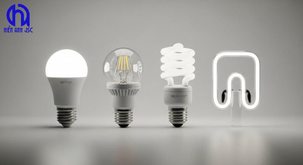 Hình ảnh minh họa các loại đèn LED, Halogen, Compact và Neon khác nhau